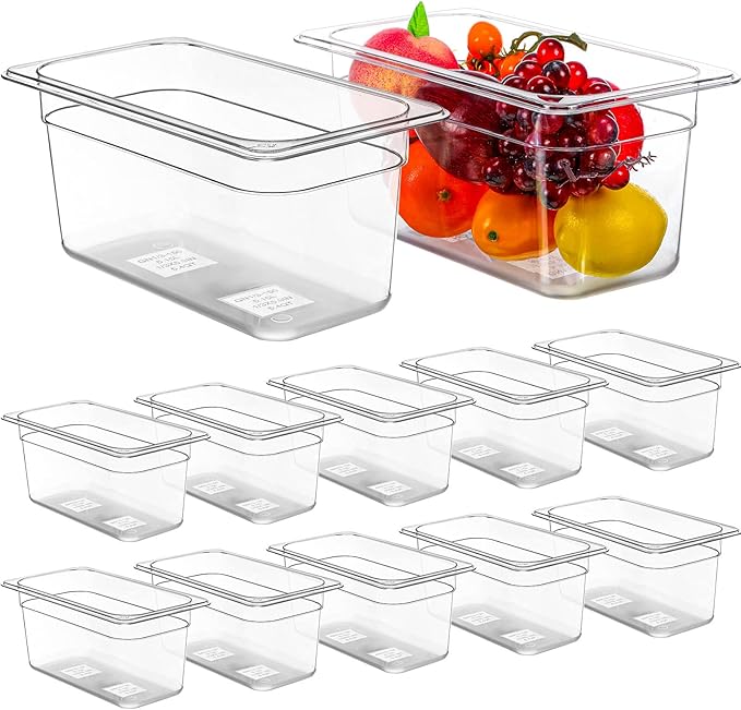 Yinder 12 Pack Plastic Food Pan 1/3 Size Commercial Food Storage Containers Pans Clear Stackable Restaurant Hotel Pans for Kitchen Fruits Vegetables Beans Corns(6 Inches High, 2.25 Gallon)