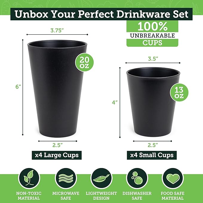 Grow Forward Premium Wheat Straw Cups - 13 & 20 oz Unbreakable BPA Free Hard Plastic Cups - Reusable Lightweight Plastic Drinking Glasses for Kitchen, Outdoor, Water, Camping, RV - Midnight