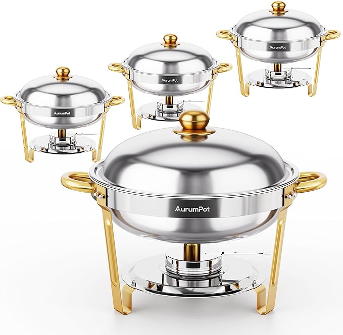 Chafing Dishes for Buffet 4 Pack, 5QT Food Warmers for Parties Buffet, Christmas Gatherings [Gold and Silver Colors High Roof] Stainless Steel Round Chafing Dish Buffet Set,Buffet Servers and Warmers