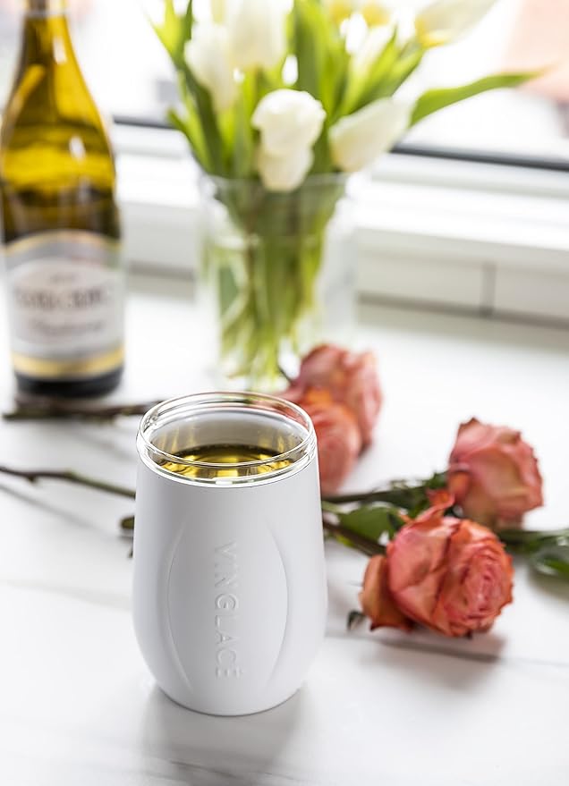 Vinglacé Stainless Steel Stemless Wine Glass- Insulated Wine Tumbler with Glass Insert and Sip Lid, 10 oz, White