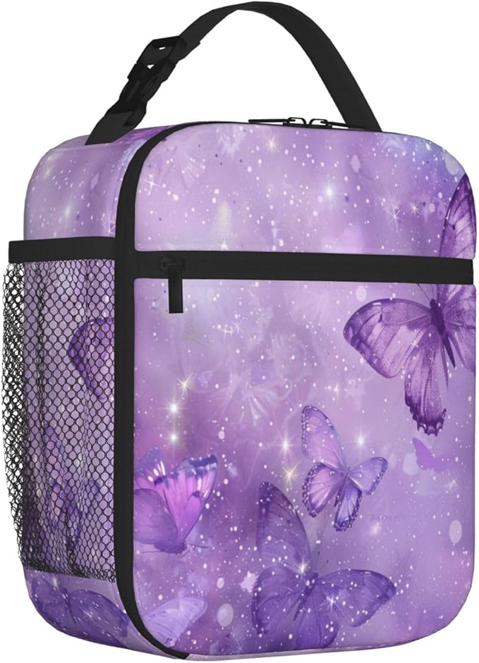 SUPLUCHOM Lunch Bag Butterfly Purple Pastel Insulated Box Reusable with Side Pocket for Girl Boy Women Men Work School Picnic Hiking Daytrip Over 3 Years Old