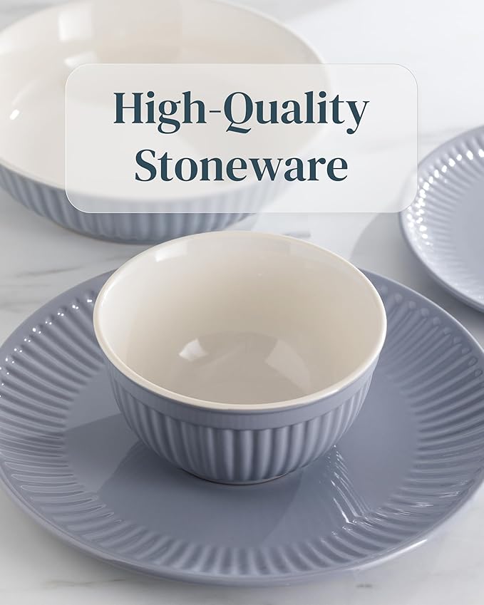 Stoneware Dinnerware Set for 4 People HYGGE 12-Piece - Elegant Scandi Design - Premium Dish Set - Bowl and Plate Set - Tableware for 4 People in a Ribbed Design - Pure Living in Gray-Blue