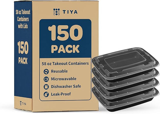 TIYA Food Containers - 58 oz Bulk 150 Pack with Lids - Rectangular Plastic To-Go Containers - Reusable, Microwavable, Dishwasher Safe - Leak-Proof for Meal Prep - BPA-Free