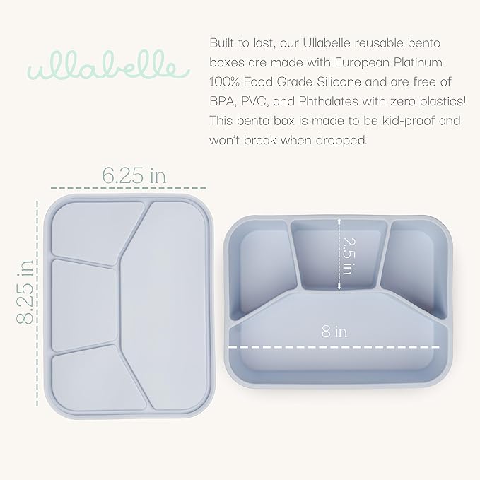 Ullabelle Leak Proof Bento Box Food-Grade Silicone Bento, BPA, Phthalate, Lead, & PVC Free - Bento Lunch Box for Daycare, Kids, & Adults - Leak Resistant Sets With Lids Snack Box Container (Grey 4)