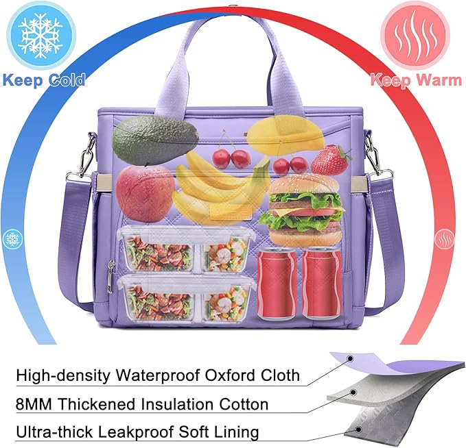 AIJIEKE Insulated Lunch Bag for Women, Lunch Box, Lunch Tote for Work, Large Leak Proof Cooler Bag with Removable Strap, Adult Reusable Lunchbag for Picnic Office Beach, Light Purple