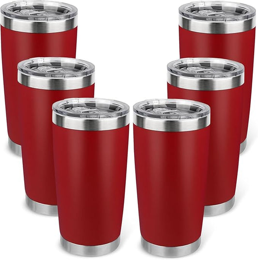 20oz Stainless Steel Tumbler Bulk with Lid, Travel Mug - Double Wall Vacuum Powder Coated Cup - Red, 6 Pack