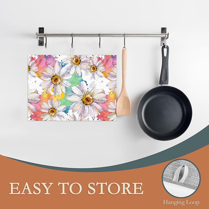 White Daisy Floral Dish Drying Rack Mats Decor,Watercolor Dish Pad Drying Mat Kitchen Counter 18x24 Inch Absorbent Reversible Microfiber for Coffee Bar Sink Countertop