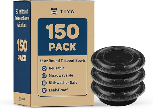 TIYA Food Containers – 32 oz Bulk 150 Pack with Lids – Plastic To-Go Round Bowls – Reusable, Microwavable, Dishwasher Safe – Leak-Proof, Great for Meal Prep – BPA-Free