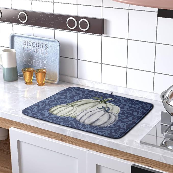 Autumn Dish Drying Mat Fall Navy Blue White Pumpkin Dish Pad for Kitchen Counter 16x18 Microfiber Absorbent Thanksgiving Dish Draining Mat Reusable Washable Dish Drainer Rack Mat