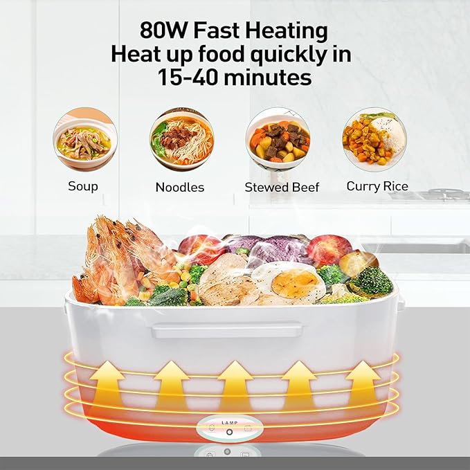 APSARAS USA Electric Lunch Box 60-80W Food Heater for Adults, 12/24/110V Portable Lunch Warmer Upgraded Heated Lunch Box for Car/Truck/Office with SS Fork&Spoon and Insulated Carry Bag (white)