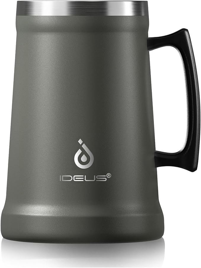 Ideus Insulated Beer Stein, 24/32oz Stainless Steel Double Walled Beer Mug Giant Bar Drinkware Metal Beer Cup with Big Grip Handle (34oz (1,000ml), Grey)