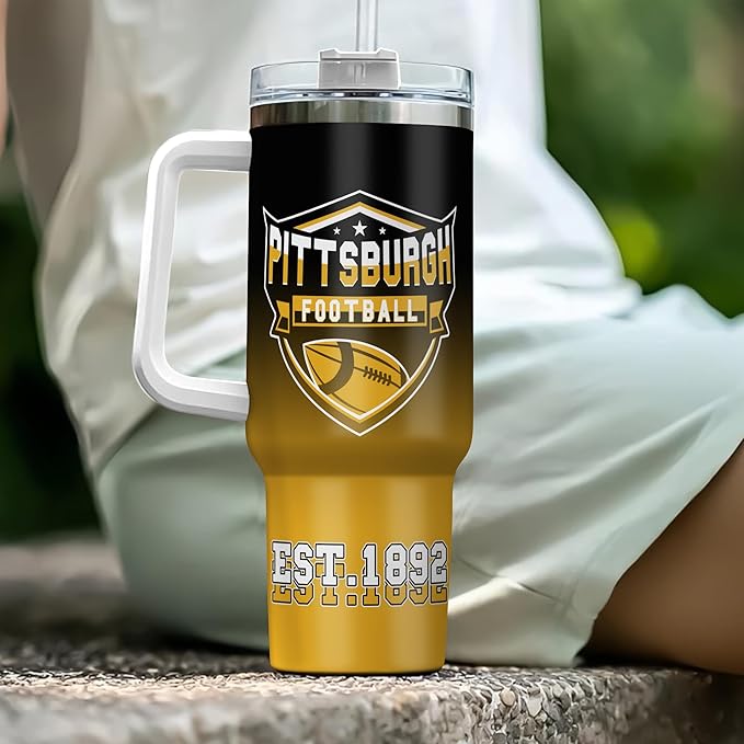 Football Personalized 40oz Insulated Travel Mug with Handle & Straw, Stainless Steel Custom Tumbler, Name & Number Cup, Sports Gift for Men Women (Pittsburgh)