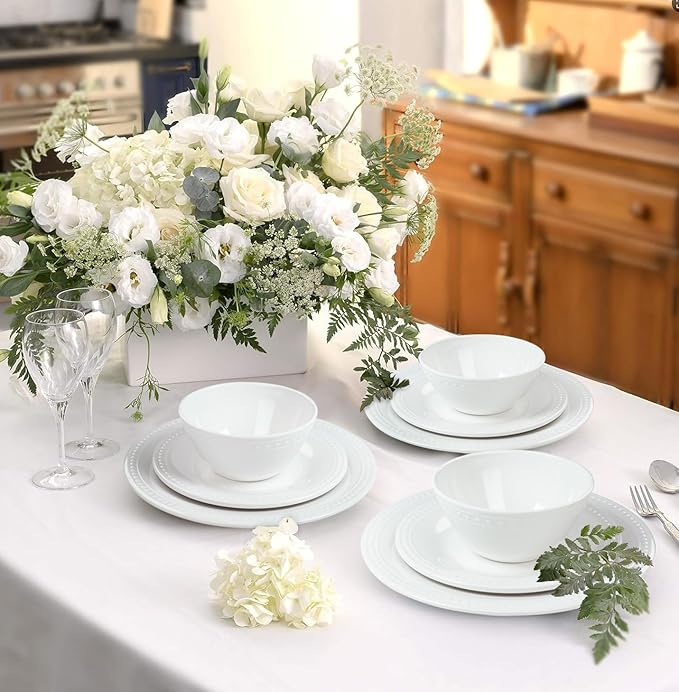 Basic White Melamine Dinnerware Sets,12 Pieces Dishes Set, Lightweight Unbreakable, BPA Free,Kitchen Plates and Bowls set, Indoor Outdoor Dining,Dishwasher Safe, Not Microwave