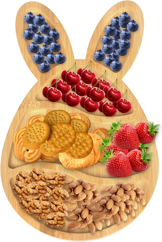 Wooden Bunny Plate, Easter Candy Dish Tray Platter Serving Dishes, Reusable Bunny Charcuterie Board, Funny Easter Party Decorations Bunny Decor (15.4"x9.3"x0.6")