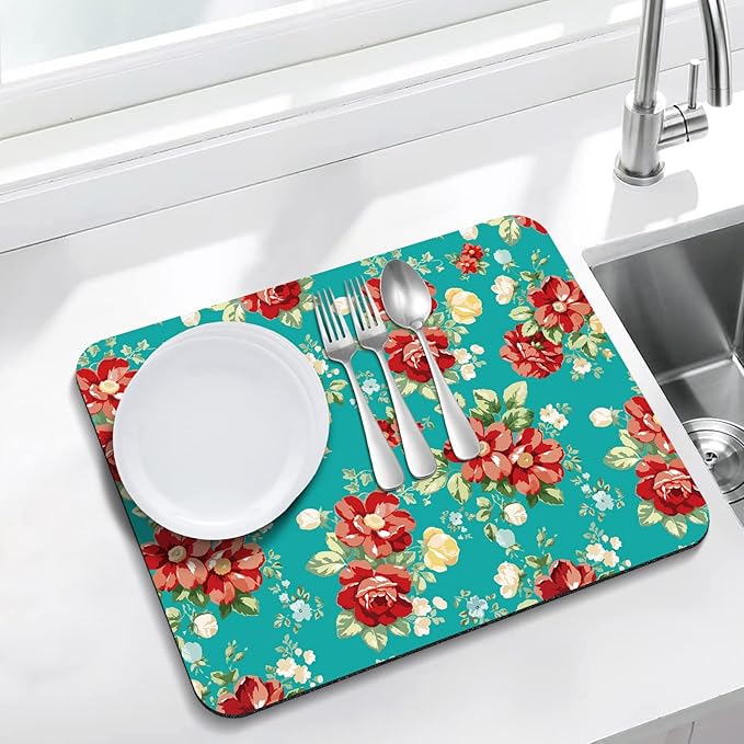 Rubber Dish Drying Mat for Kitchen Counter Large Boho Flowers Washable Quick Home Coffee Pad Fit Under Sink,Bar,Utensils 18x24in