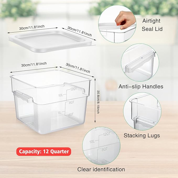 2 Pieces Square Food Storage Containers Polycarbonate Clear food Container with Lid Commercial Storage with Graduations for Commercial Kitchen Dough Marinating Meat(White,12 Qt)