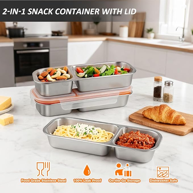 3 Pack Stainless Steel Snack Containers with Lids, Leakproof Lunch Box Containers, Reusable 2 Compartment Snackle Box, Grab and Go lunchable container for Travel