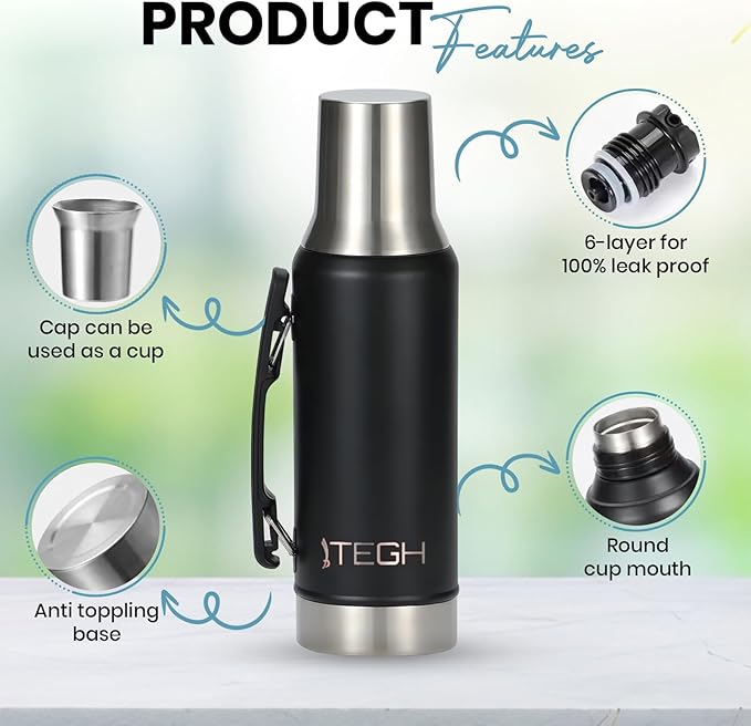 TEGH 40 oz insulated water bottle vacuum insulated wide mouth water bottle leakproof travel bottle BPA-free stainless steel water bottle hot and cold beverage bottle