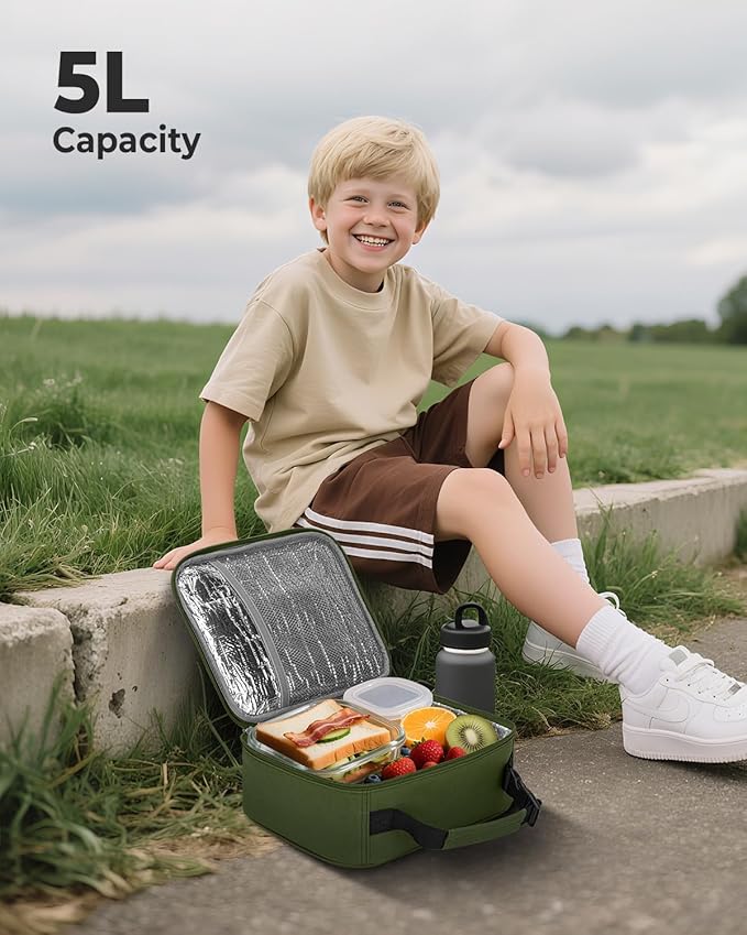 Tuwubi Kids Lunch Bag Insulated Lunch Box for Kids Small Lunch Bag for Boys/Girls Durable Lunchbox for School,Green 10-Can(5L)