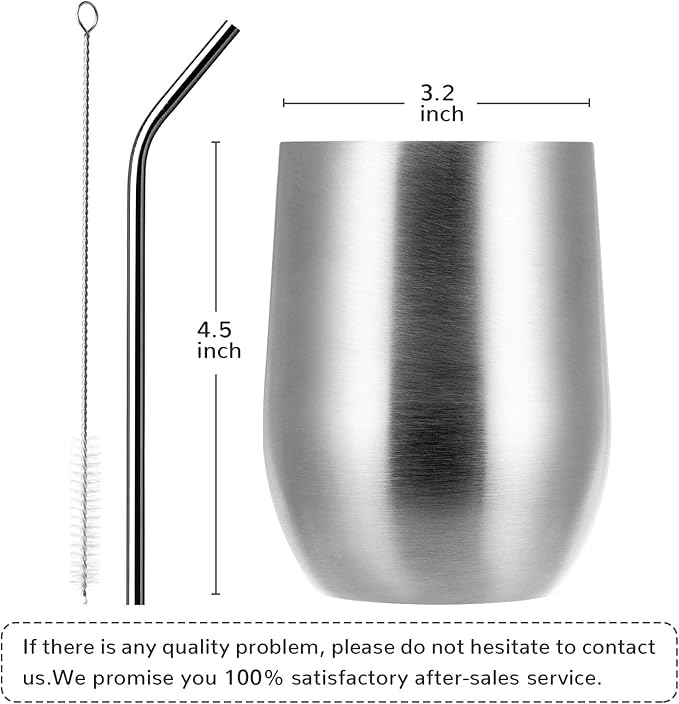 MEWAY 12oz/4 Pack Wine Tumbler Glasses with Lid - Stemless Double Wall Vacuum Stainless Steel Travel Tumbler - Keeping Cold & Hot for Wine,Coffee,Cocktails,Drinks-Family and Gifts (Silver,Set of 4)