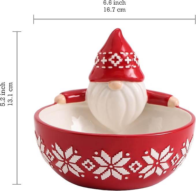 Bico Red Gnome Ceramic Candy Bowl, 17oz – Hand-Painted Holiday Treat Bowl, Christmas Decorative Dish for Candy, Jam, or Sauce – Microwave & Dishwasher Safe
