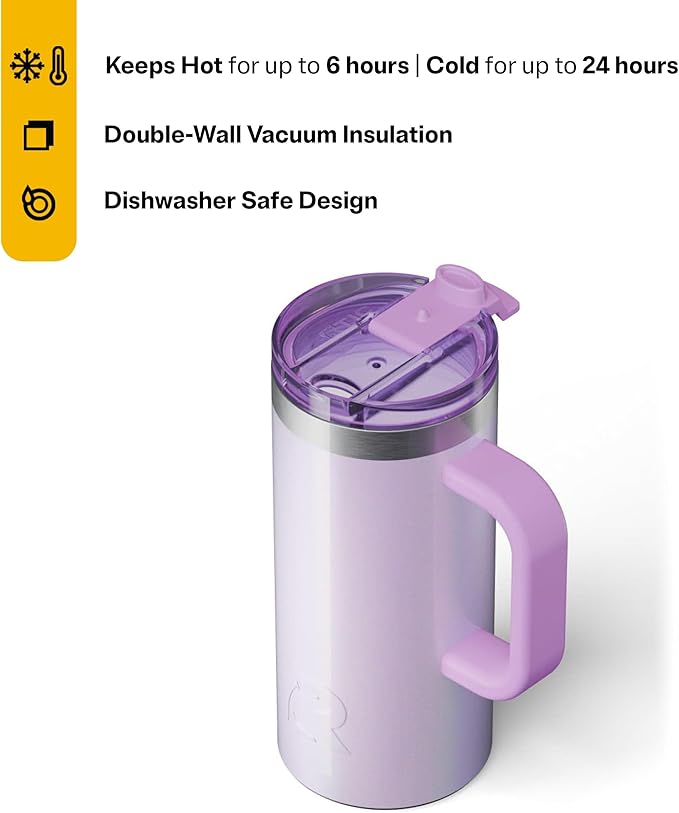 RTIC 16oz Road Trip Travel Mug with Lid and Handle, Ceramic Lined, Insulated, Stainless Steel, Metal, Double Wall Vacuum-Insulation, Portable Coffee, Tea Cup for Hot and Cold Drink, Lavender Glitter