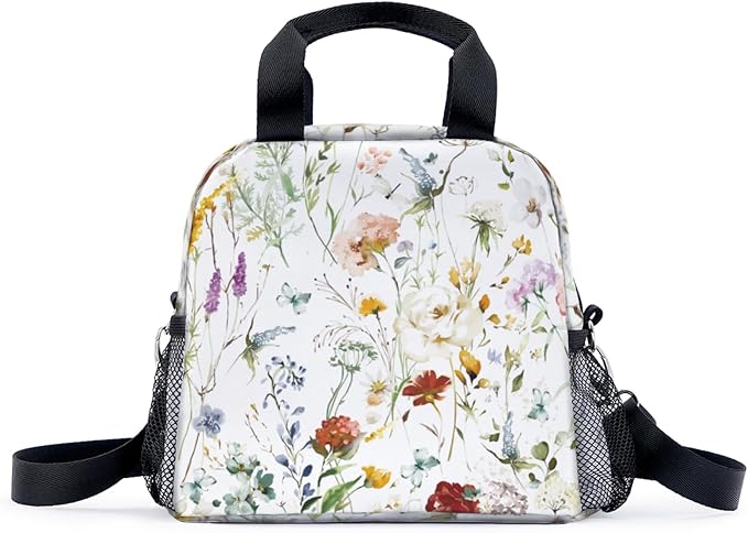 Wildflower Garden Flowers Floral Boho Watercolor Flower Lunch Bag for Women Men Cute Large Capacity Thermal Lunch Tote Reusable Washable with Adjustable Shoulder Strap and Dual Large Mesh Side Pockets