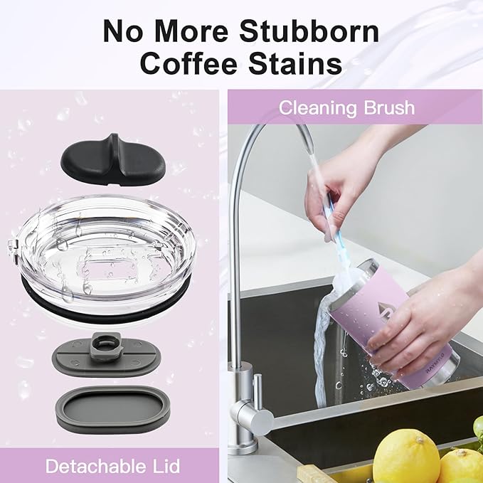 20 oz Coffee Tumbler - Insulated Stainless Steel Travel Mug for Hot/Cold, Spill Proof with BPA-Free Detachable Lid, Coffee Cup Fits Most Car holder, Includes Chic Stickers, Light Purple