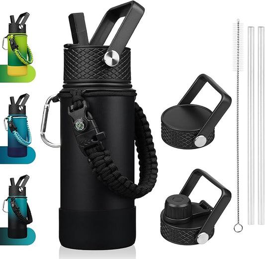 BJPKPK Water Bottle with Straw Lid, 18oz Insulated Water Bottles with 3 Lids, Paracord Handle & Non-slip Boot, Metal Stainless Steel Thermo, BPA Free Leak Proof Cups, Tumblers,Black