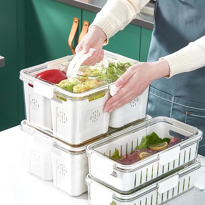 shopwithgreen Storage Containers for Fridge with Lid and Handle, Portable Food Box Container with 3 Removable Colanders, Fresh Produce Saver for Fruit, Vegetable, Refrigerator, Kitchen, Home, Picnic