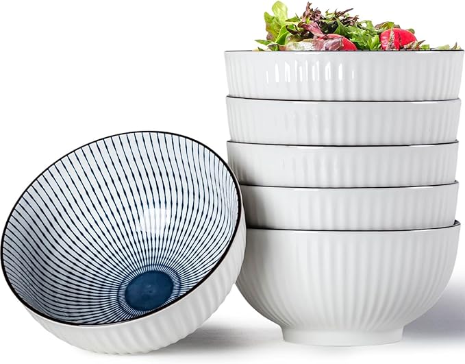 QINLANG 6 Inch Blue and White Porcelain 30 oz Bowls Set of 6 for Soup, Cereal, desserts, ice cream and Rice - Striped Pattern