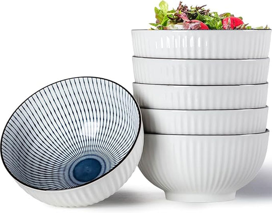 QINLANG 6 Inch Blue and White Porcelain 30 oz Bowls Set of 6 for Soup, Cereal, desserts, ice cream and Rice - Striped Pattern