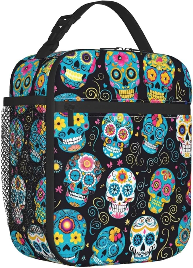Reusable Colorful Sugar Skull Lunch Box for Kids Girls Boys Women Adult, Insulated Day of The Dead Lunch Bag,Polyester Cooler Handbags Case for School Picnic Work Travel Beach or Hiking