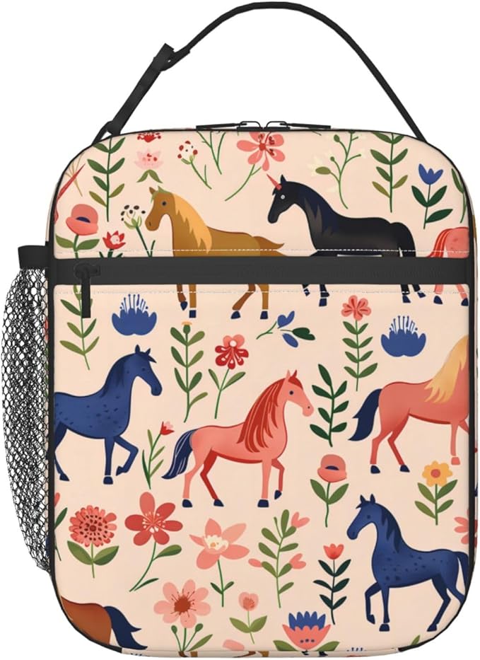 Reusable Horse Lunch Box for Kids Girls Boys Women Adult, Insulated Wild Floral Lunch Bag,Polyester Cooler Handbags Case for School Picnic Work Travel Beach or Hiking (Pastel)