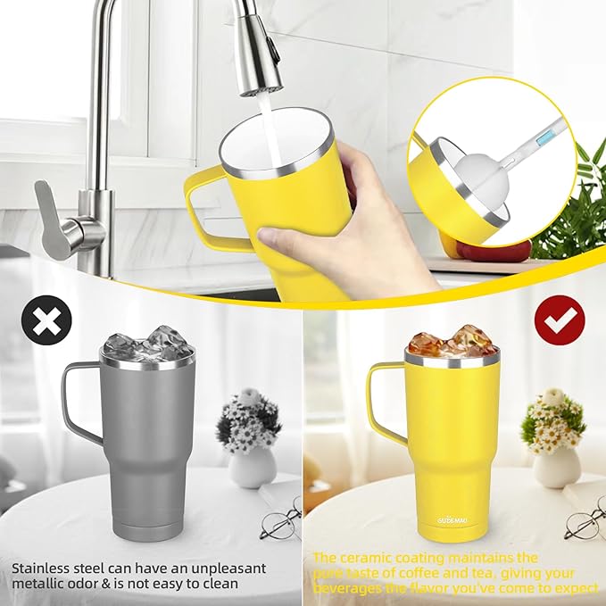 20 oz Insulated Coffee Mug with Ceramic Coating, Stainless Steel Travel Mug Tumbler with Handle Lid and Straw, Double Wall Leak-Proof Coffee Travel Mug Keeps Drink Hot and Cold (Orange)