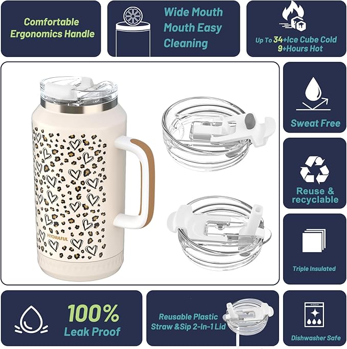 Hydraful 64 oz Tumbler with Handle and Straw - 100% Leak-Proof - Insulated Cup Reusable Stainless Steel Large Water Bottle Travel Mug for Gym, Hiking, and Camping - Gifts for Women Men Him Her