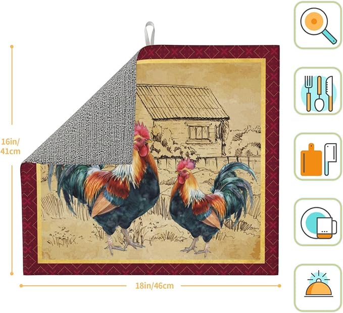 Rooster Farmhouse Rustic Wood Chicken Drying Mat 16x18 Inch For Kitchen Counter Drying Mats Dish For Kitchen Counter Easy Clean Kitchen