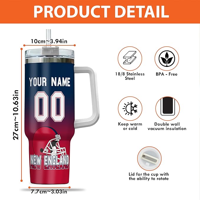 Personalized Football Tumbler with Handle & Straw, 40oz Stainless Steel Insulated Travel Mug, Custom Name & Number Cup, Game Day Coffee Fan Gift (New England)