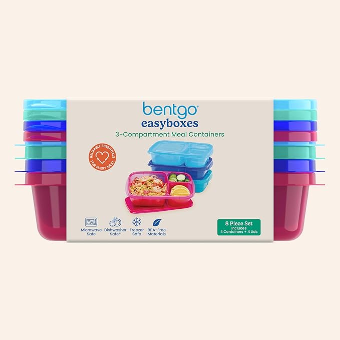 Bentgo Easyboxes - Original Stackable Lunch Boxes - Reusable 3-Compartment Food Containers for Kids and Adults - Bento Lunch Box for Meal Prep, School, & Work - BPA Free, Set of 4 (Jewel Brights)