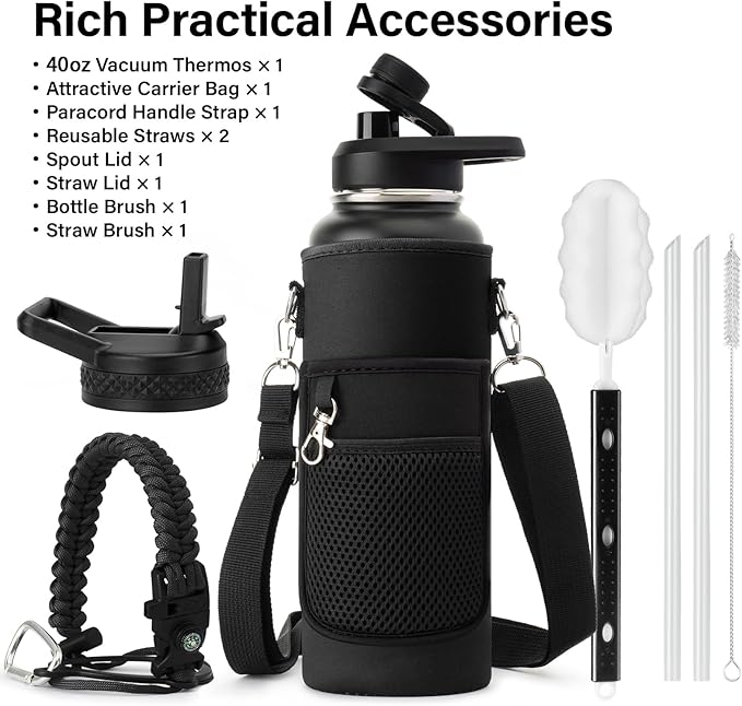 40 oz Insulated Water Bottle | Thickened Stainless Steel Vacuum Metal | Portable Sports Water Jug for Gym and Hiking with Straw, Carrier Bag, Handle Strap | BPA-Free 40 oz, Black