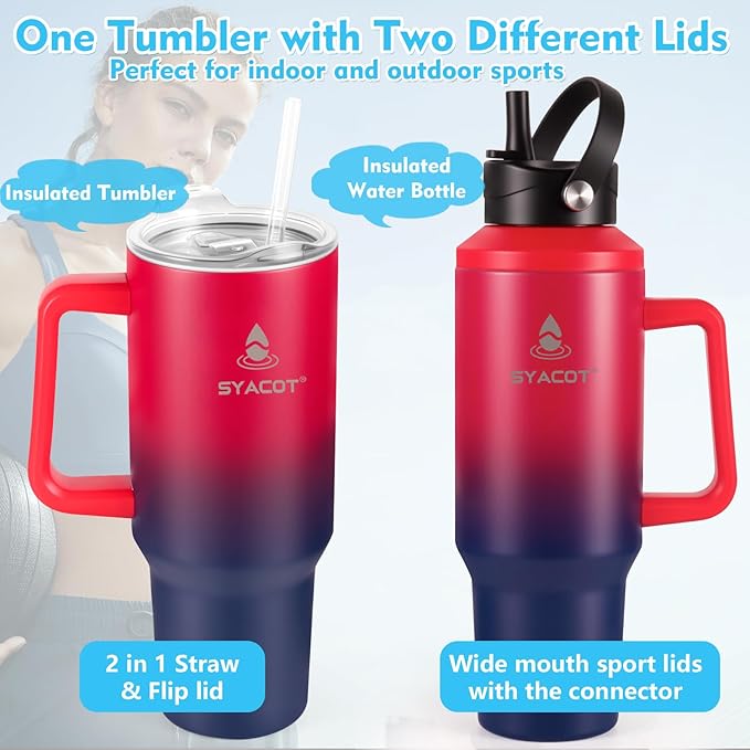 40 oz Tumbler with Handle and Straw or Convert to 40 oz Insulated Water Bottle Fits in Cup Holder. Stainless Steel Metal Water Flask with 2 Lids for Travel,Camping,Gym Sports Coffee Mug Thermal Cup