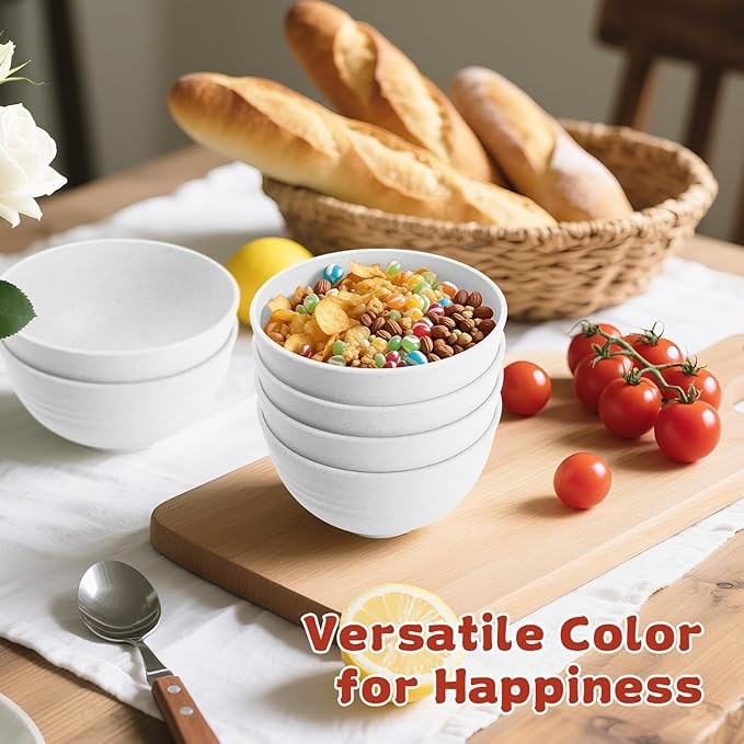 Wrova Handy Wheat Straw Bowls Set of 6,Unbreakable Ice-Cream Bowls Sets for Kids,10oz Small Dessert Bowls for Kitchen,Camping and RV.White Series