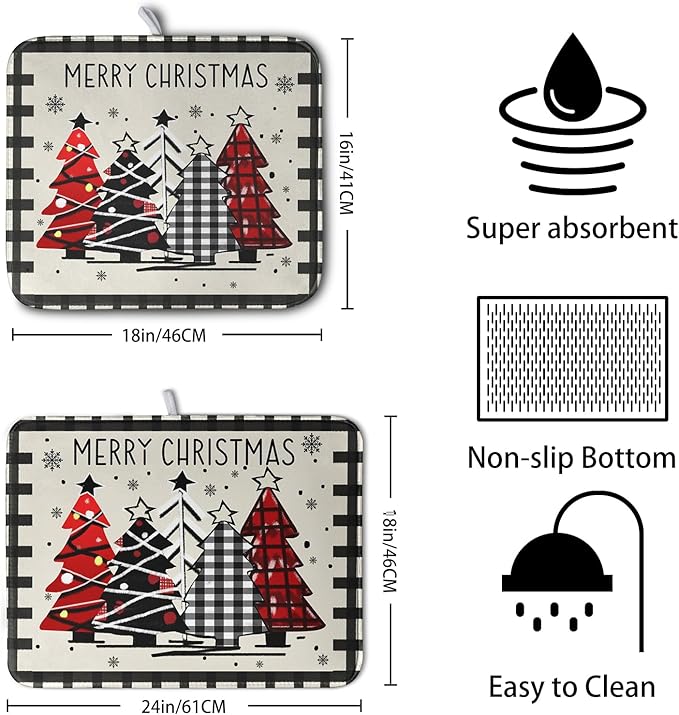 Christmas Trees Kitchen Dish Drying Mat 18x24 Inch Merry Christmas Black White Buffalo Plaid Dish Drainer Mat Absorbent Reversible Microfibe Drying Dish Pad for Winter Kitchen Counter Decor