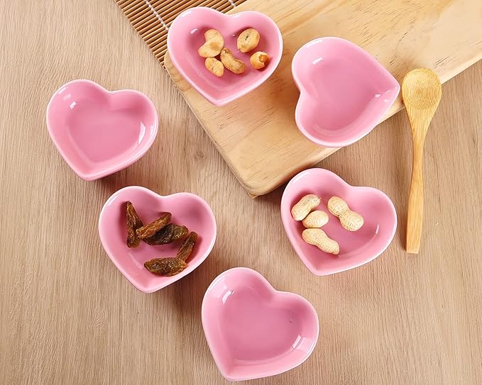 WHJY Pink Love Heart Shaped Ceramic Bowl Set of 6, Contemporary Porcelain Side Dishes, Seasoning & Soy Dipping Sauce Bowls for Wedding & Birthday Party