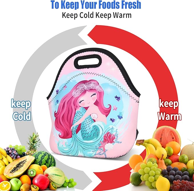 Violet Mist Women's Cute Reusable Neoprene Lunch Bag Pink Mermaid Thermal Insulated Lunch Box