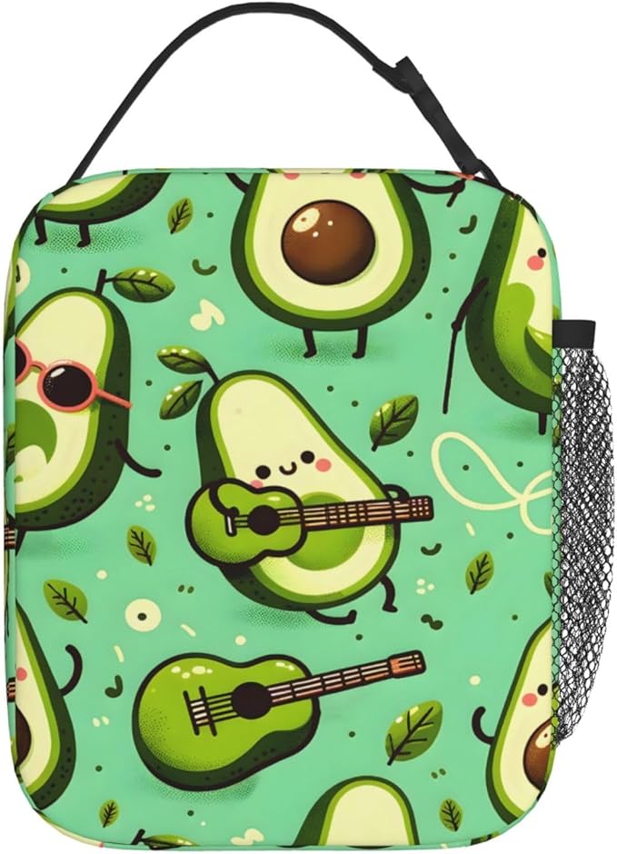 Reusable Avocado Music Lunch Box for Kids, Insulated Cute Fun Guitar Leaf Green Bag,Polyester Cooler Fruit Lovers Handbags Case for School Picnic Work Travel Beach or Hiking, Gifts