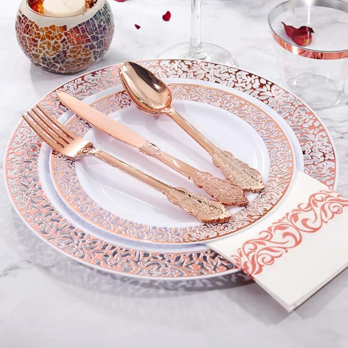 bUCLA 350PCS Rose Gold Plastic Plates With Disposable Silverware & Napkins - Rose Gold Rim Plastic Dinnerware Set Lace Design for Wedding, Party & Mother’s Day