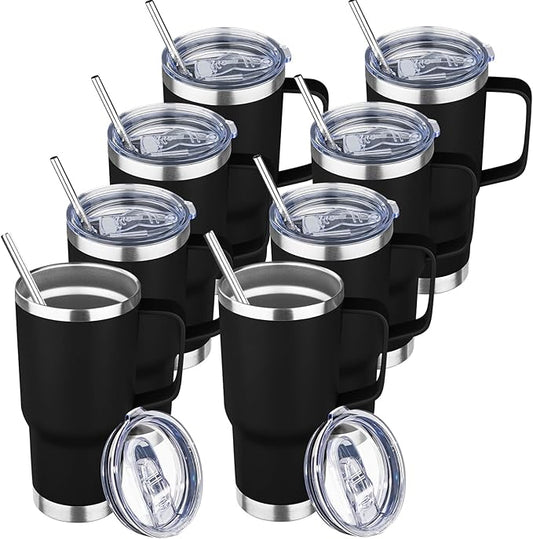 20 oz Tumbler with Handle Stainless Steel Insulated Coffee Mug Tumbler with Lid and Straw Double Wall Vacuum Insulated Coffee Mug Leak Proof Travel Mug Tumbler for Hot and Cold Drink (Black,8pack)