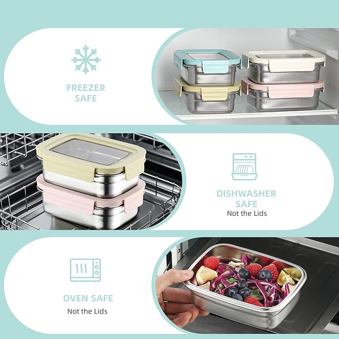 BEFOY 4PCS Stainless Steel Snack Container with Lids 22.8oz Meal Prep freezer Bento Lunch Snack Boxes for Leak Proof & Airtight,Reusable & Stackable (white, yellow, pink,green)