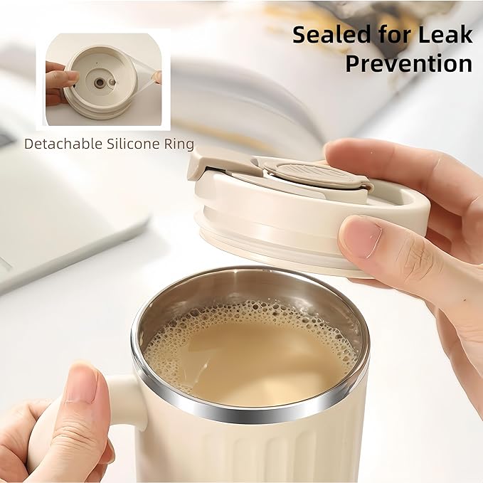 16oz Insulated Coffee Mugs - Ideal for Indoor Office Use. Features SUS 304 Inner, Double Wall Insulation, Detachable Silicone Ring. 3 Drinking Options. Available in White, Brown, Pink (White)